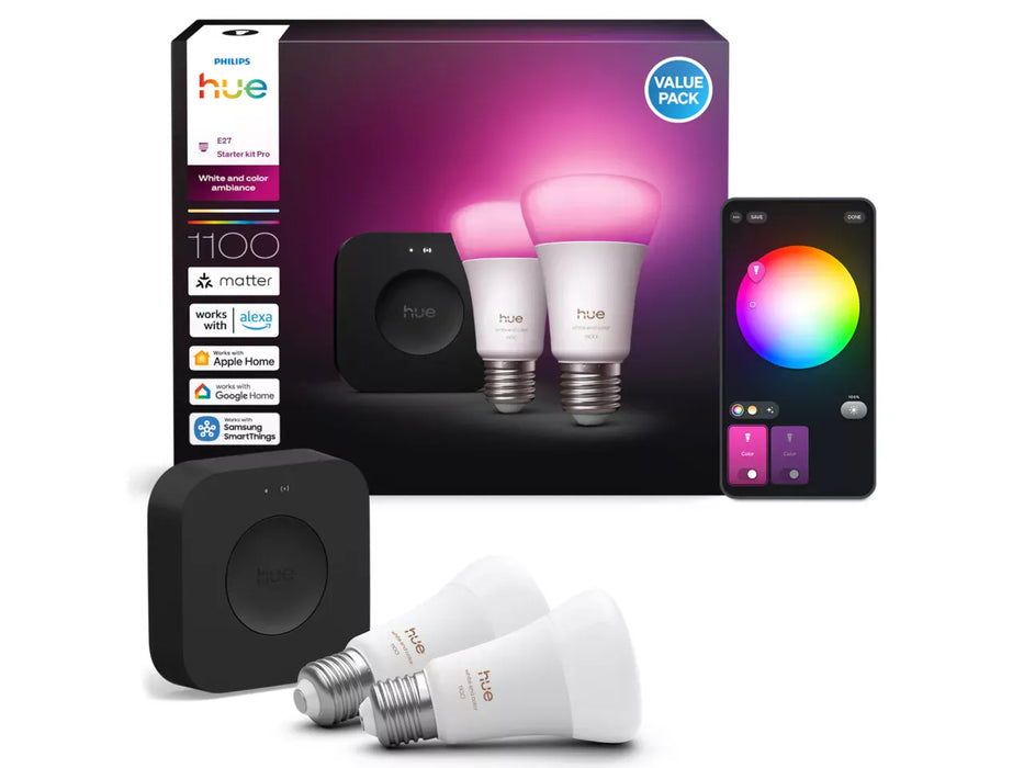 Philips Hue Starter-Set: 2-Pack E27-Lampen + Hue Bridge Pro (1100 lm) Produktbild