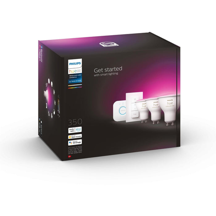 Philips Hue White & Color Ambiance Starter-Set mit 3x GU10, Dimmschalter und Bridge (GU10, 230lm) Produktbild